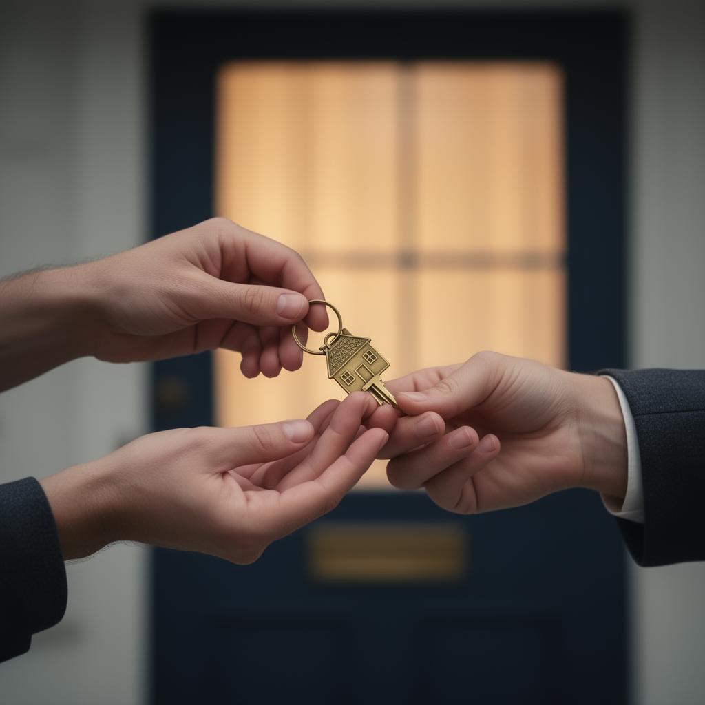 Two hands passing a brass house key in front of a warmly lit doorway